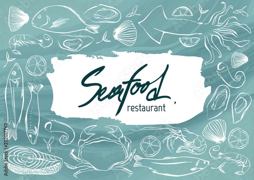 Seafood restaurant. Hand drawn illustration. Template design can be used for meny, banner, flyer, card, poster.