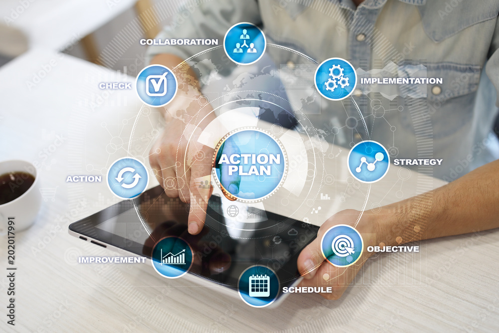 Action plan on the virtual screen. Planning concept. Business strategy. Action plan on the virtual screen. Planning concept. Business strategy.