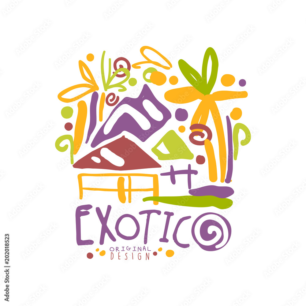 Exotic logo template original design, summer holiday badge, label for a travel agency, element for design element for banner, poster, flyer, advertising, hand drawn vector Illustration Exotic logo template original design, summer holiday badge, label for a travel agency, element for design element for banner, poster, flyer, advertising, hand drawn vector Illustration