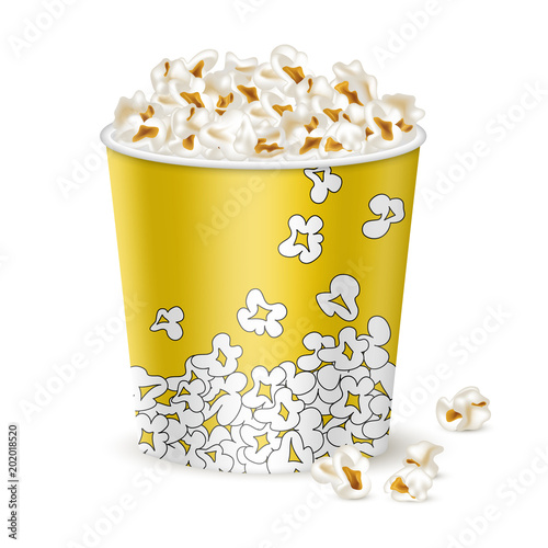 Big yellow bucket with popcorn. 3d realistic style. Element for cinema, movie food design. Isolated on white background. Vector illustration.