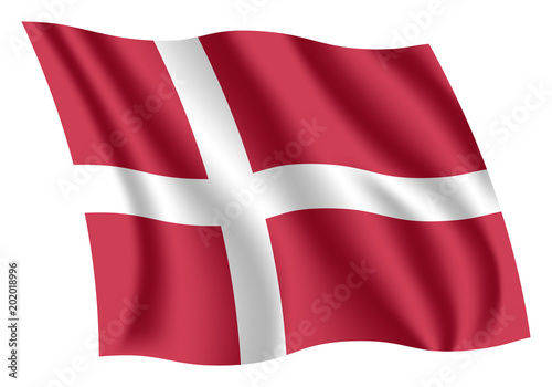 Denmark flag. Isolated national flag of Denmark. Waving flag of the Kingdom of Denmark. Fluttering textile danish flag.