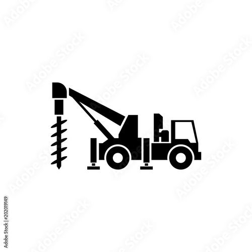 Truck Drilling. Flat Vector Icon. Simple black symbol on white background