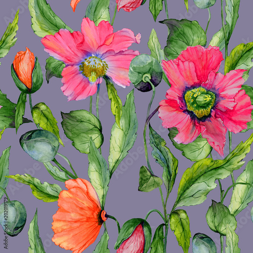 Beautiful red poppy flowers with green leaves on gray background. Seamless fl...