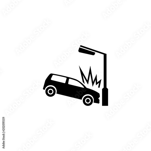 Car Crashed into Lamp Post. Flat Vector Icon. Simple black symbol on white background
