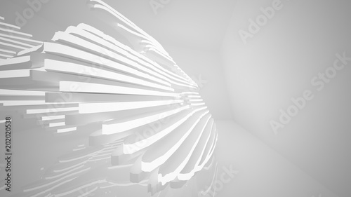 Abstract parametric white interior with neon lighting. 3D illustration and rendering.