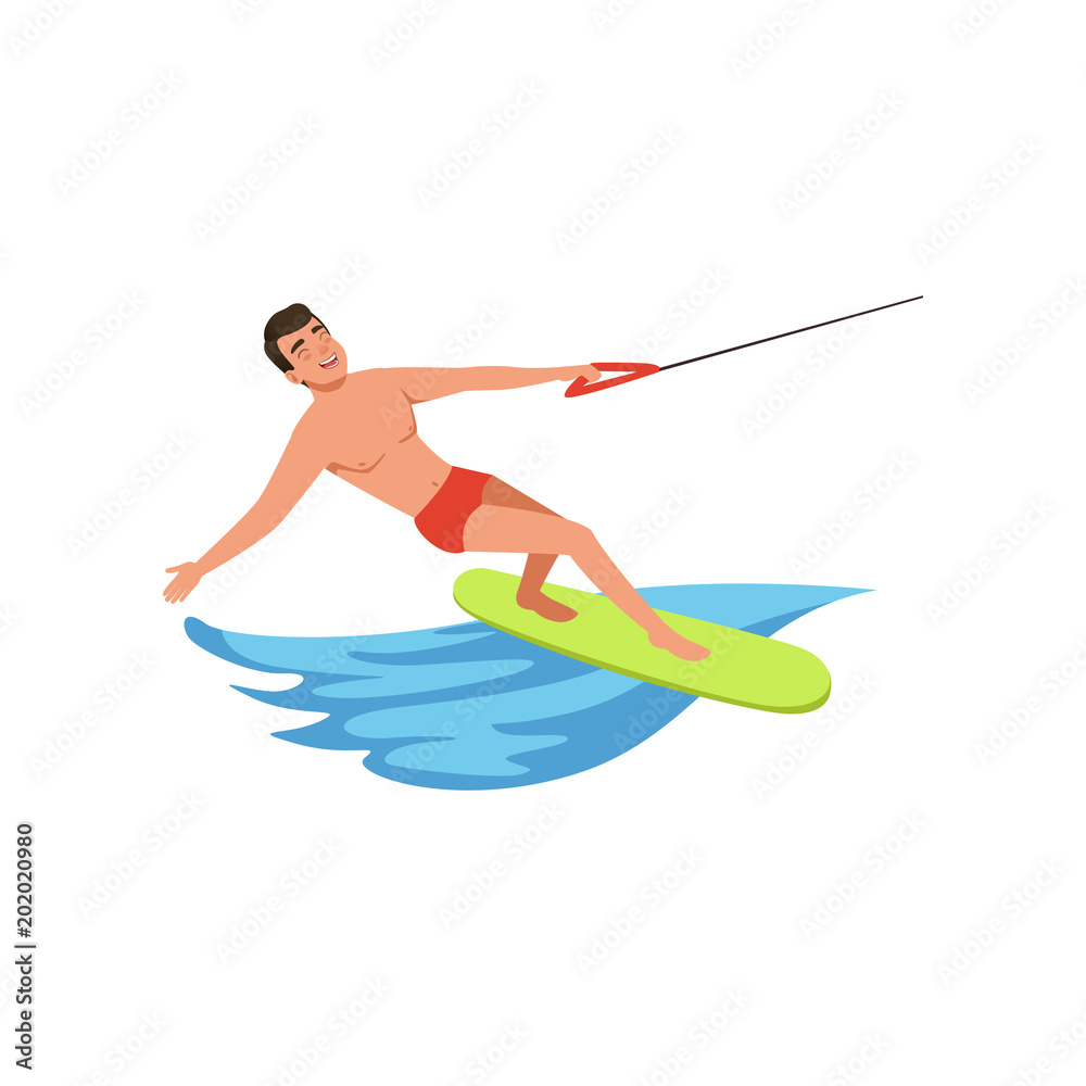 Man riding wakeboard, water skiing, water sport activity vector Illustration on a white background