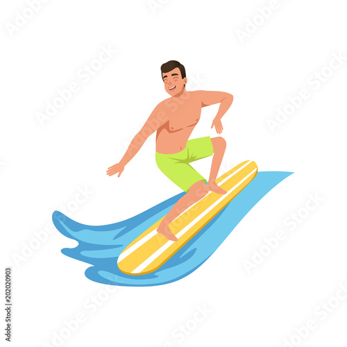 Male surfer on surf board, water sport activity vector Illustration on a white background