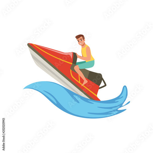 Man on a red water bike jumping over the waves  extreme water sport activity vector Illustration on a white background