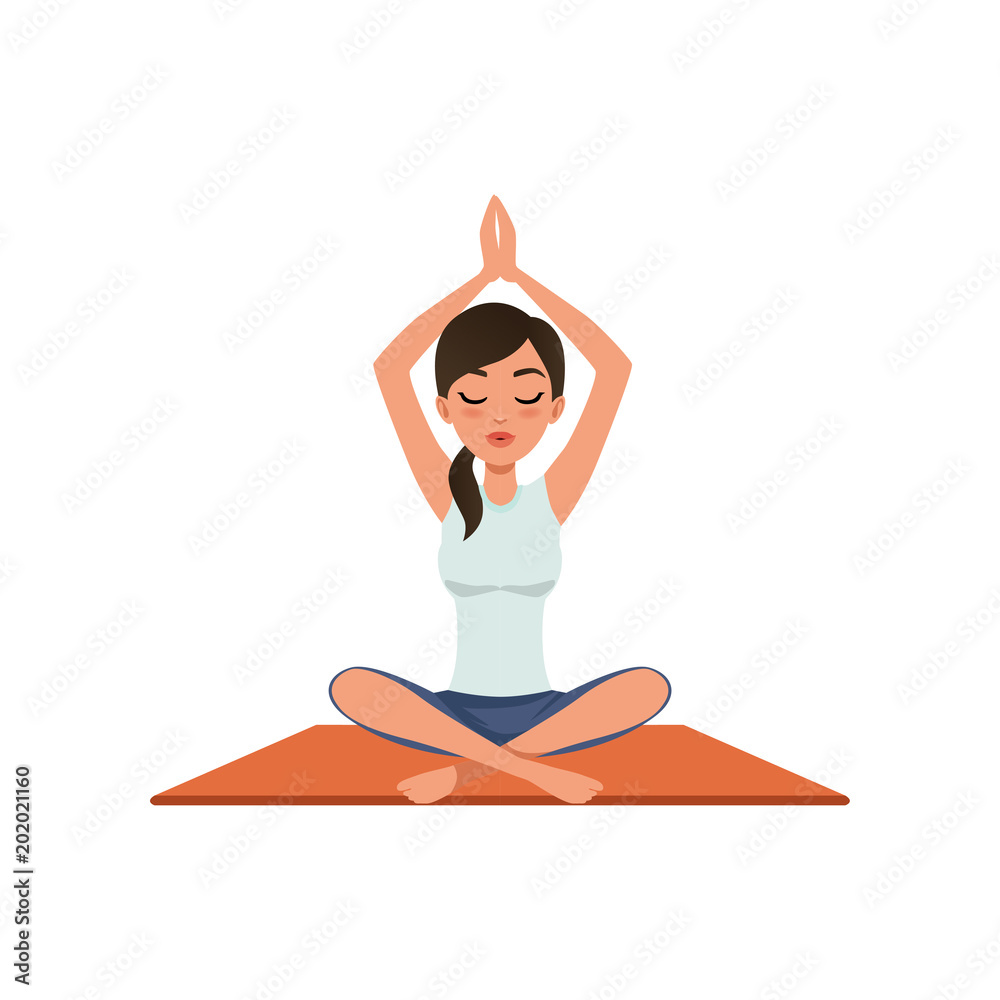 Girl sitting in a lotus position with her hands up, Padmasana, beautiful woman practicing yoga vector Illustration on a white background