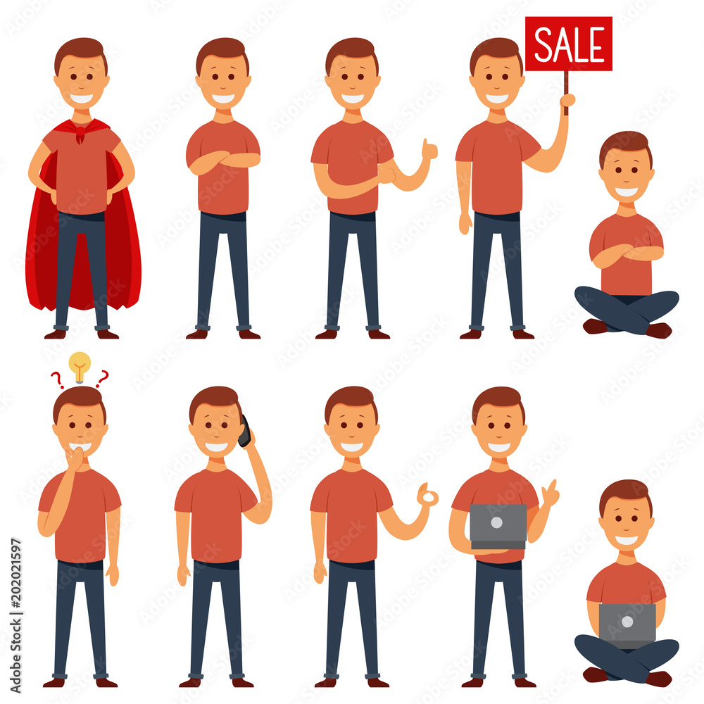 Young guy vector flat character set. Cartoon illustration of a happy businessman in casual clothes in different poses: with a sign, with a laptop, with a phone and in a superhero costume, etc.