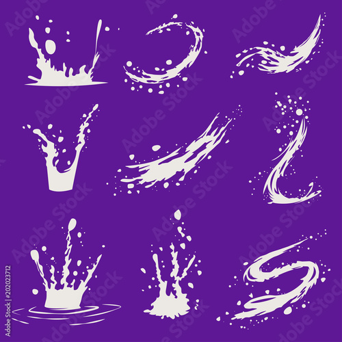Milk or yogurt splashes, waves, drops and pouring out. Set of cartoon vector icons and design elements isolated on background.