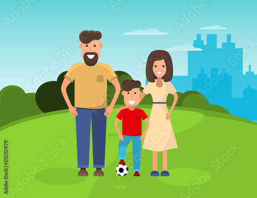 Happy family in park. Mother, Father and boy with soccer ball. flat illustration