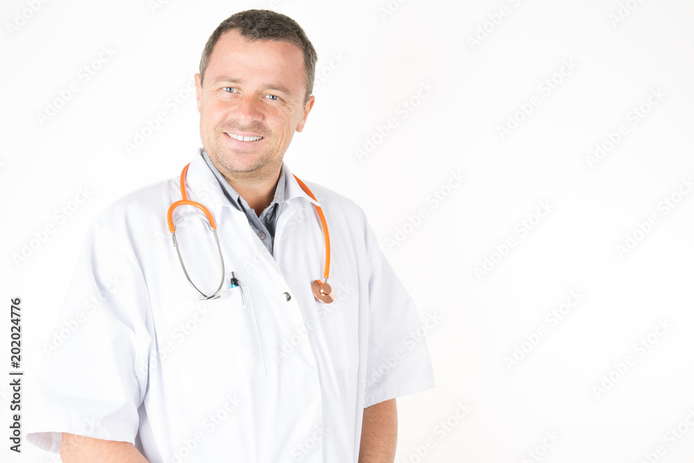 Portrait Of Confident Mature Doctor Looking Camera Isolated On White Background