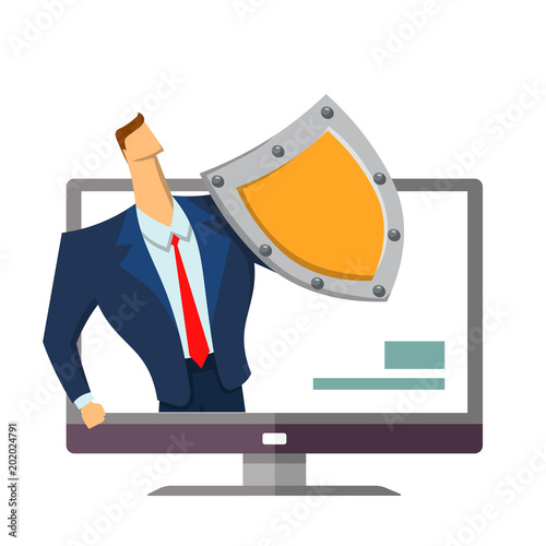 Man in business suit with a shield standing out from computer monitor. Protecting your personal data. GDPR, RGPD, DSGVO. General Data Protection Regulation. Concept vector illustration. Flat style.