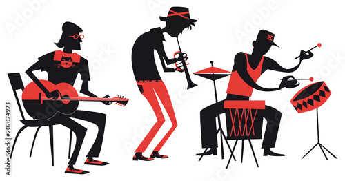 musicians playing on musical instruments, vector flat design, silhouettes illustration isolated