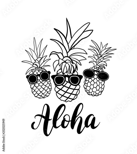 Vector set of five pineapple fruit. Tropical summer vacation collection. Design for print. Black and white illustration