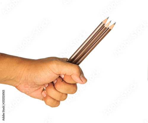 hand holding a three pencil on white background.