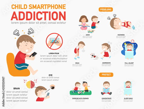 Child smartphone addiction infographic,vector illustration