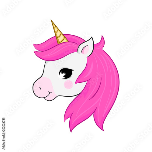 Unicorn vector head isolated on white. Head portrait horse sticker, patch badge. Cute magic cartoon fantasy cute animal.