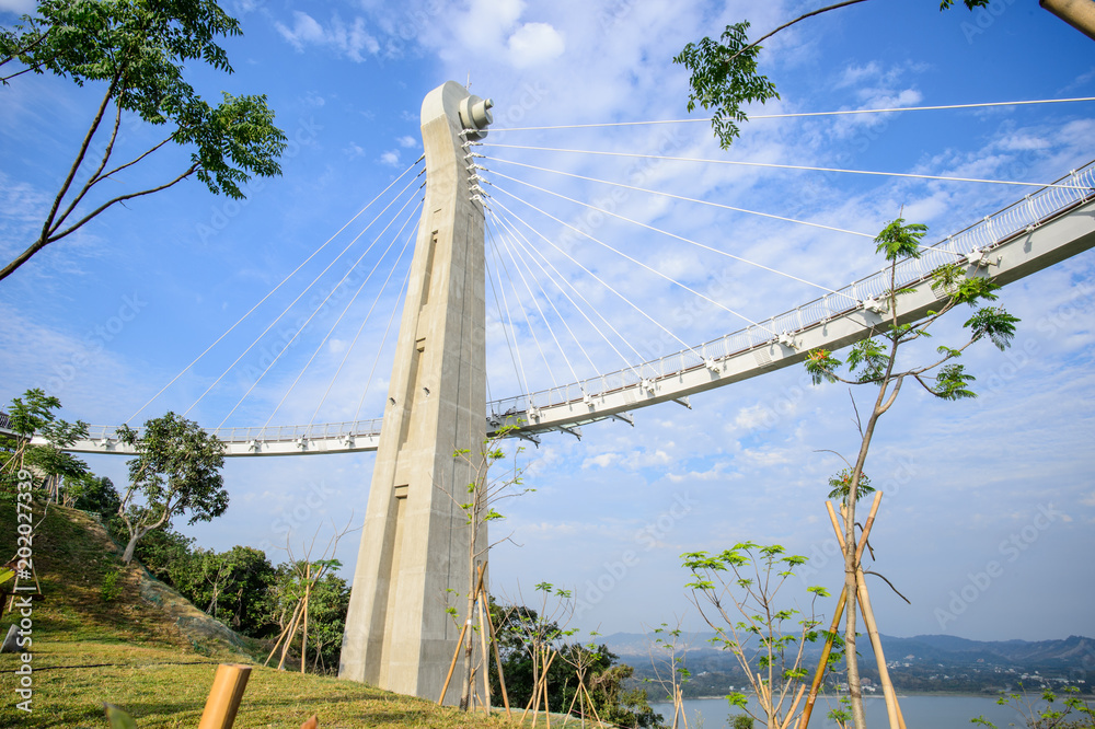 Landscape View of Siaogangshan Skywalk Park, which is shaped on the image of a violin, with the cables serving as its strings at Gangshan, Kaohsiung, Taiwan.