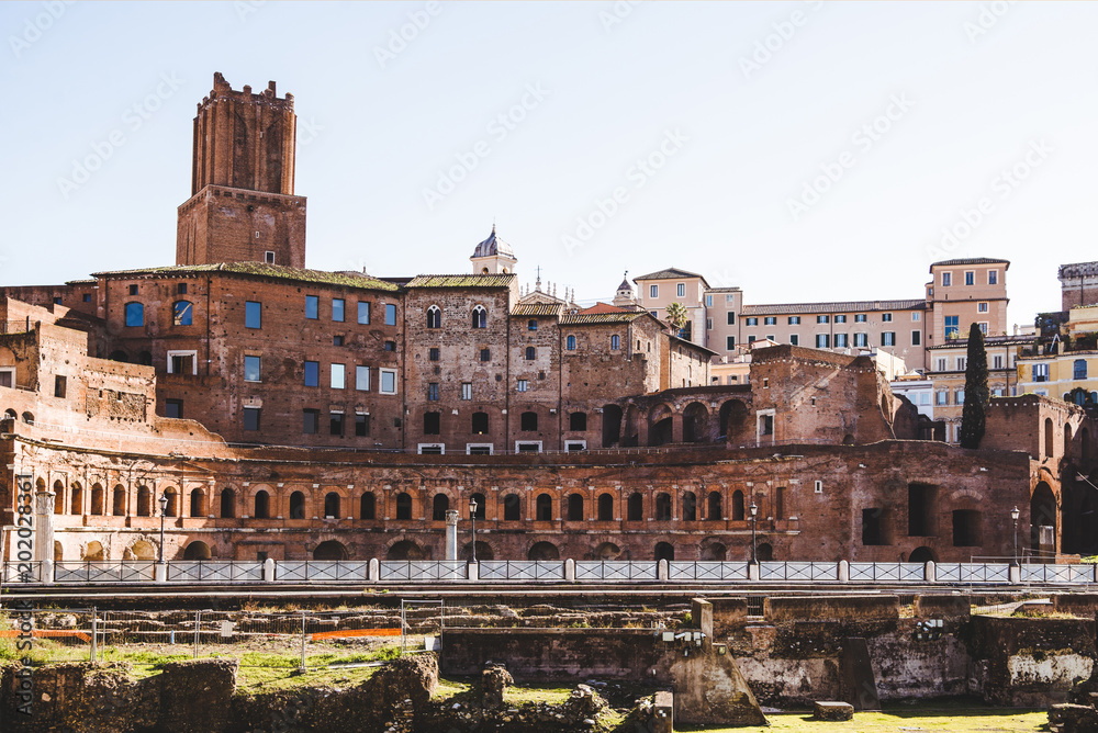 view on buildings from Roman Forum ruins in Rome, Italy