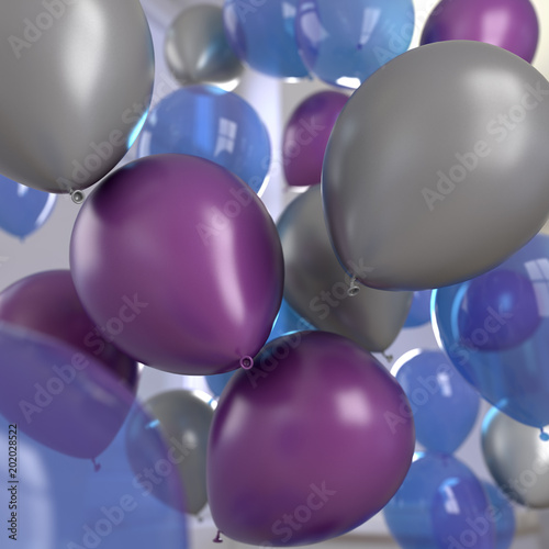 Balloons Silver Purple Blue, 3D Rendering