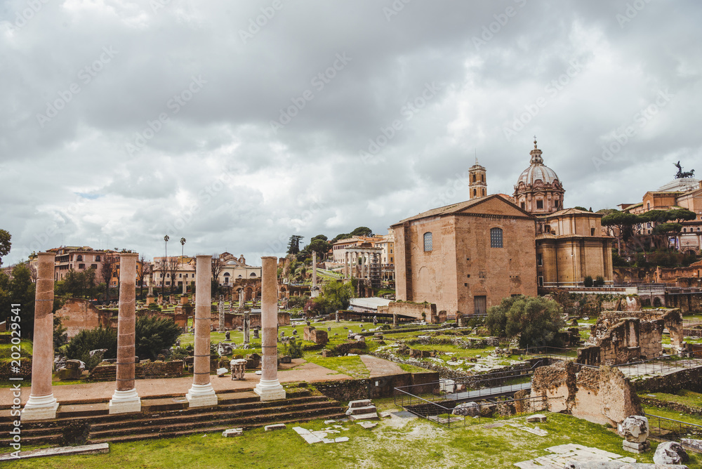 beautiful roman forum ruins on cloudy day, Rome, Italy
