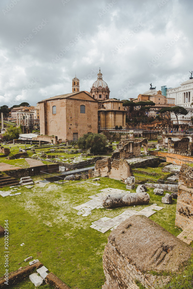 famous roman forum ruins on cloudy day, Rome, Italy