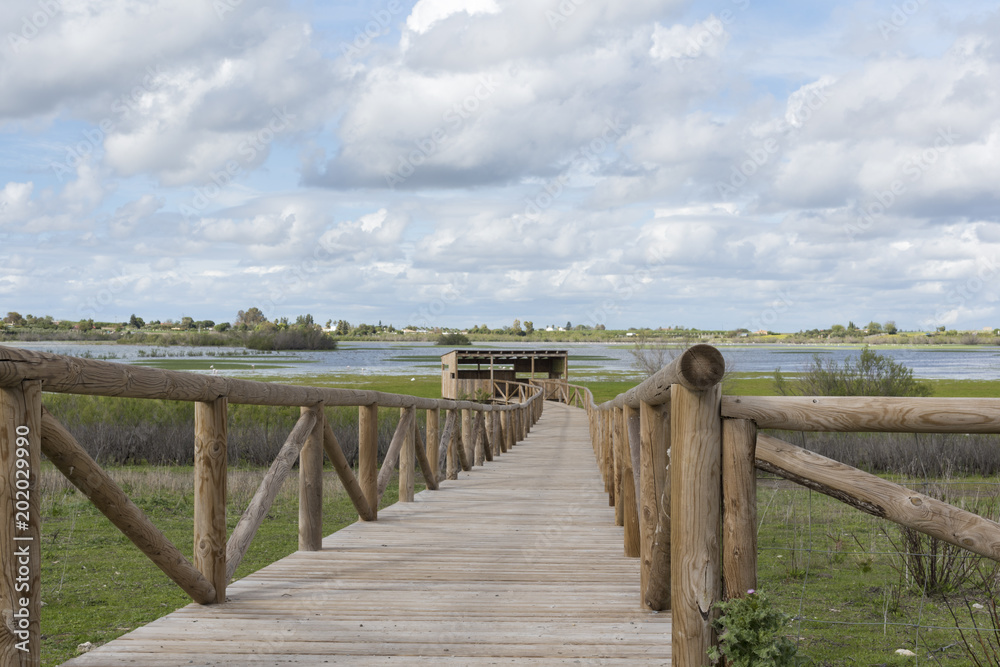 Camino de madera que se dirige hacia el observatorio de aves en la laguna