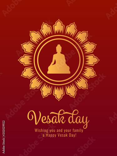 Vesak day banner card with Gold Buddha sign in Lotus circle frame vector design