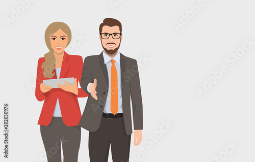 vector illustration of a woman and a man for business concepts, people in suits greet and holds a tablet or folder, manager, director, lawyer