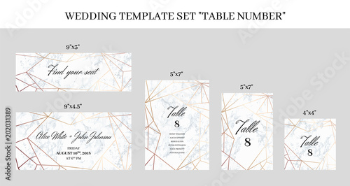 Wedding template set Table Number cards. White marble background and rose gold geometric pattern. Printable size.