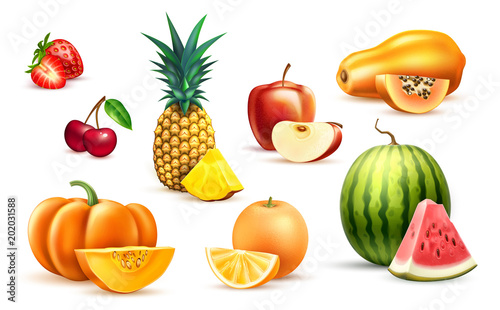 Pineapple papaya watermelon apple exotic fruit set