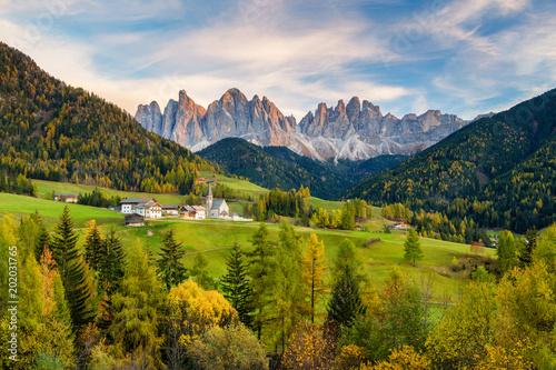 Val di Funes in the Dolomites at sunset, South Tyrol. Italy photo