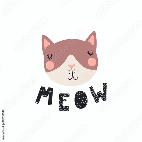 Hand drawn vector illustration of a cute funny cat face, with lettering quote Meow. Isolated objects. Scandinavian style flat design. Concept for children print.