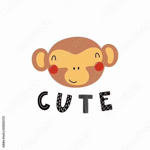Hand drawn vector illustration of a cute funny monkey face, with lettering quote Cute. Isolated objects. Scandinavian style flat design. Concept for children print.