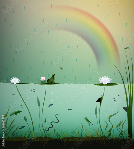 pond life, under the water, summer rain with rainbow on the pond, pond life in