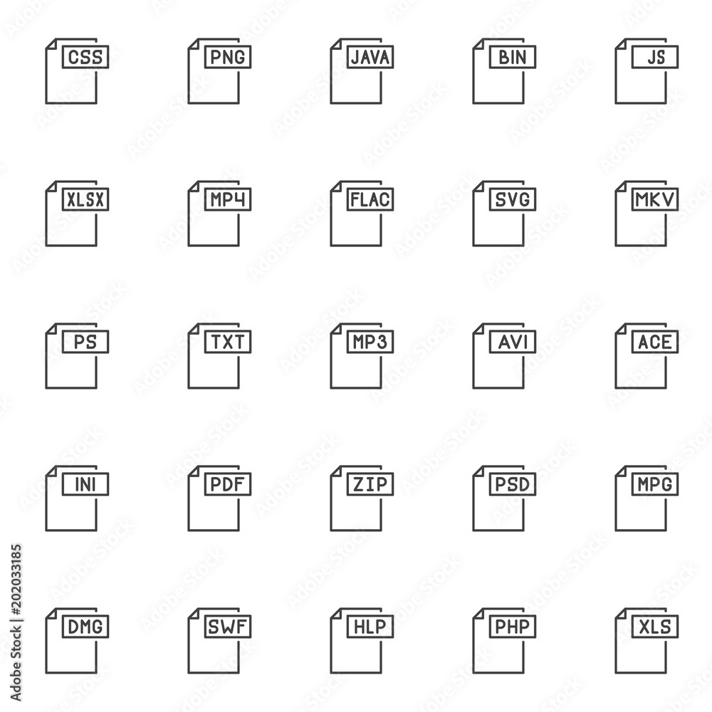File formats outline icons set. linear style symbols collection, line signs pack. vector graphics. Set includes icons as css format document, png , java, bin , xlsx , mp4 , flac, svg , mkv , txt mp3 File formats outline icons set. linear style symbols collection, line signs pack. vector graphics. Set includes icons as css format document, png , java, bin , xlsx , mp4 , flac, svg , mkv , txt mp3