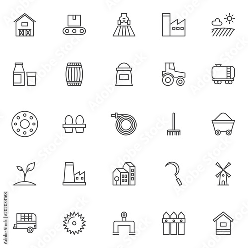 Farming outline icons set. linear style symbols collection, line signs pack. vector graphics. Set includes icons as barn house, conveyor, agricultural machinery, factory station, field with sun cloud