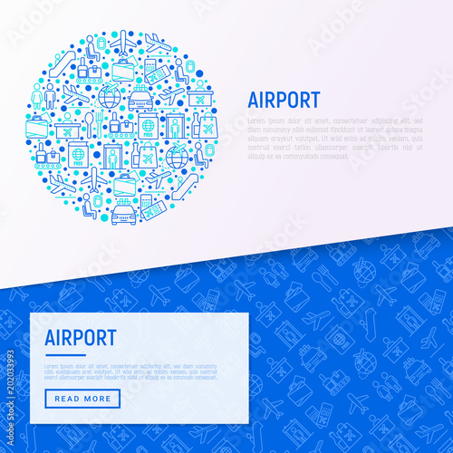 Airport concept in circle with thin line icons: check-in counter, gates, boarding pass, escalator, toilet, food court, baggage claim, wrapping service, duty free, departures. Vector illustration.