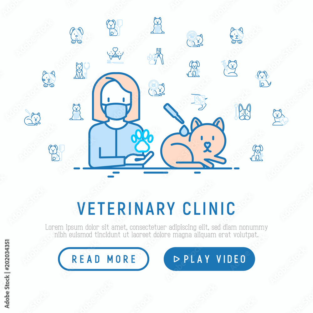 Veterinary clinic concept: treatment from tick and flea for cat. Thin line icons: injection, cardiology, cleaning of ears, teeth, shearing claws, broken leg. Vector illustration, web page template. Veterinary clinic concept: treatment from tick and flea for cat. Thin line icons: injection, cardiology, cleaning of ears, teeth, shearing claws, broken leg. Vector illustration, web page template.