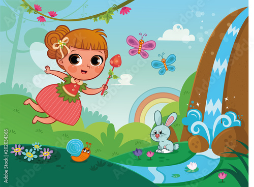Vector illustration of cute fairy in nature. 
