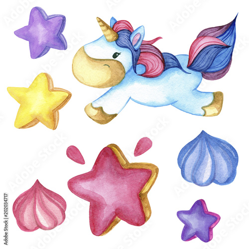 set with cartoon watercolor unicorn and stars and candies isolated on white background