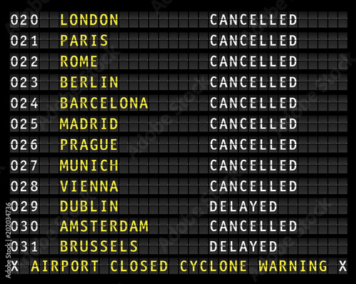 Flight information on airport displaying cancelled flights during a cyclone, vector