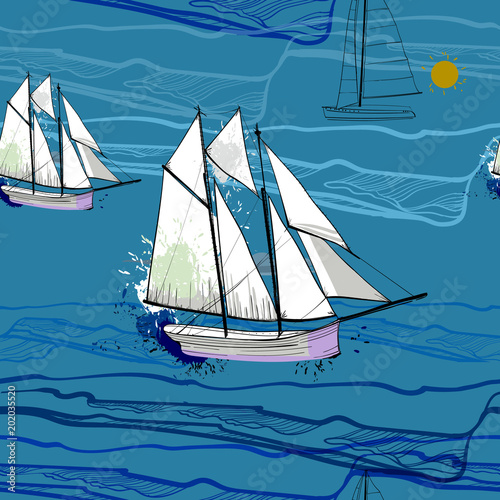illustration of seamless pattern with sailing-ship on water. Drawing boat on the blue sea with wave.