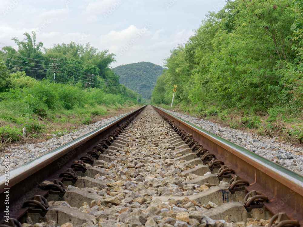 Fototapeta premium Old vintage metal railway track or line with stone on the ground, trees on the side, heading to mountain with business concept of journey, voyage, trip, aim, reach, achievement, and success