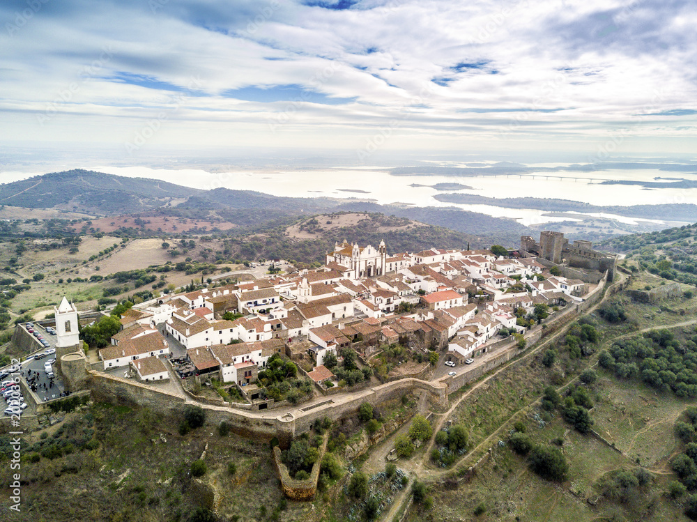 Aerial view of historic Monsaraz and lake on Guadiana river, Alentejo, Portugal