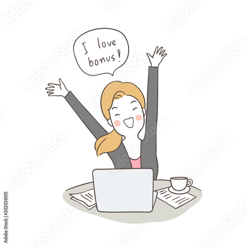 Draw vector illustration character business woman happy and word I love bonus in speech bubble Doodle cartoon style