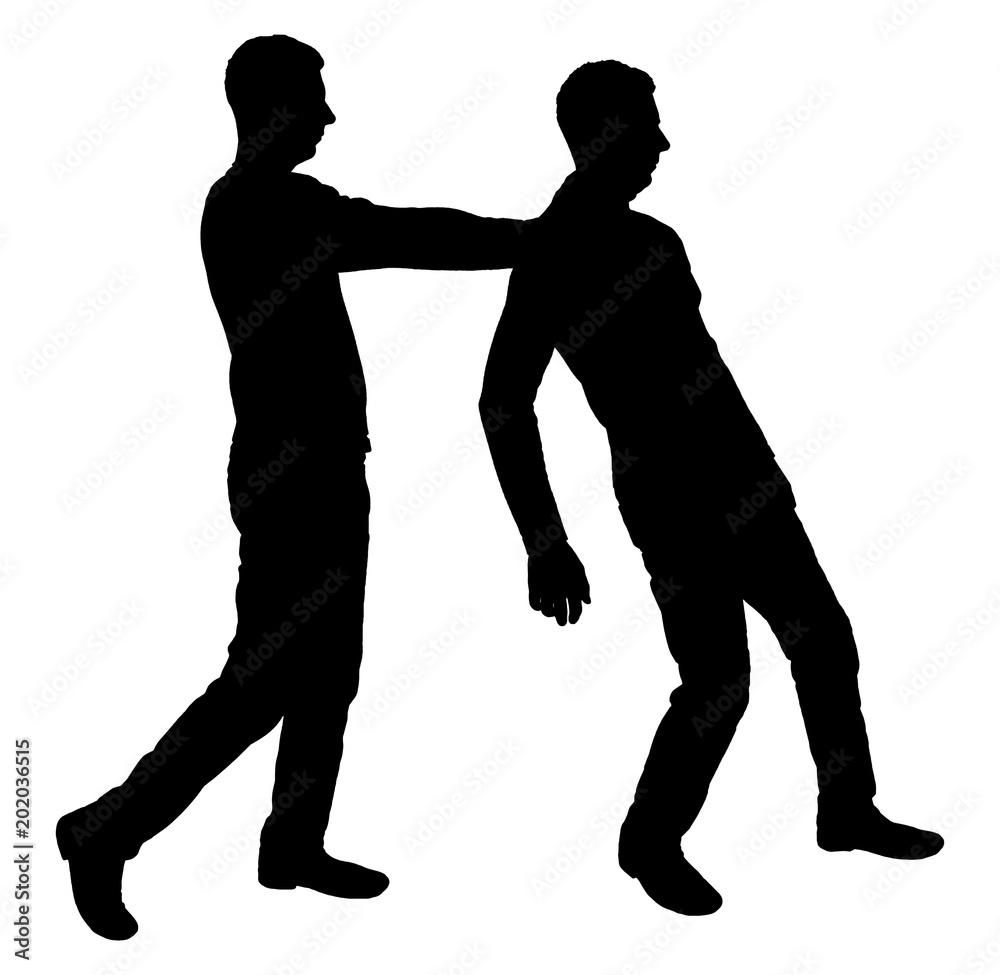 Vector silhouette of two men. One man pushes another