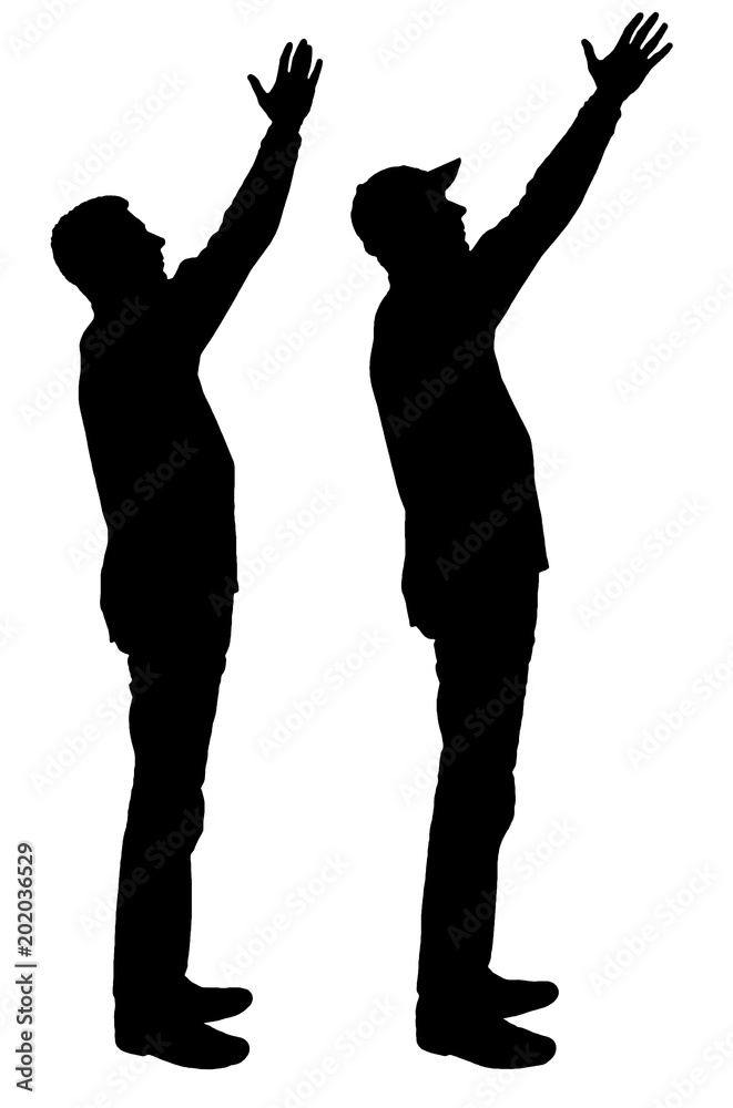 Vector silhouette of two men standing in profile with raised hand